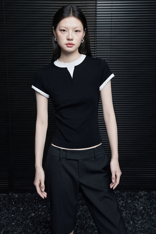 Black fake two-piece contrast short sleeve T-shirt B3948
