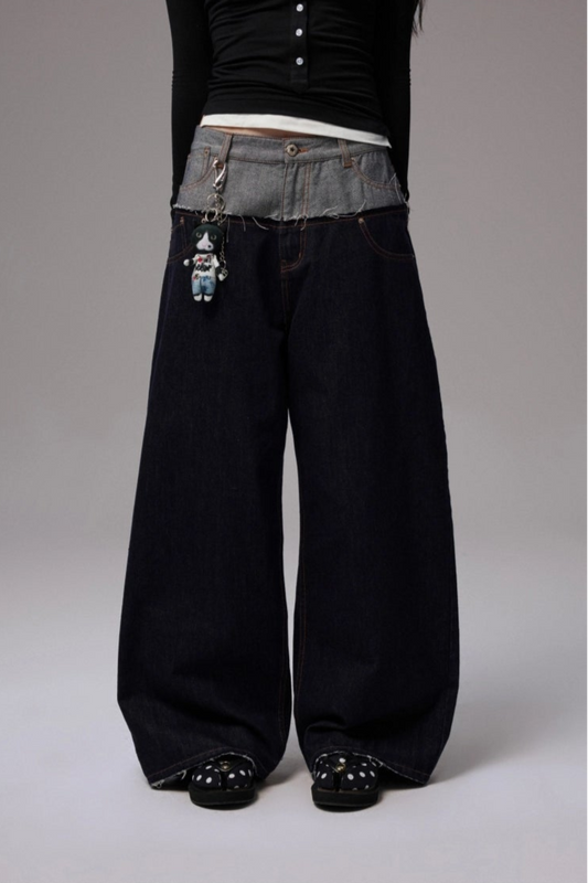 Cow double waist splice embroidered wide jeans B4318