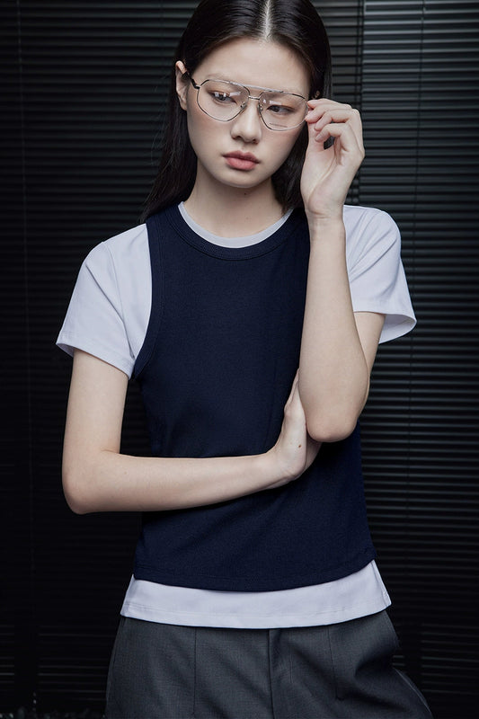 Navy blue contrast T-shirt two-piece set B3901