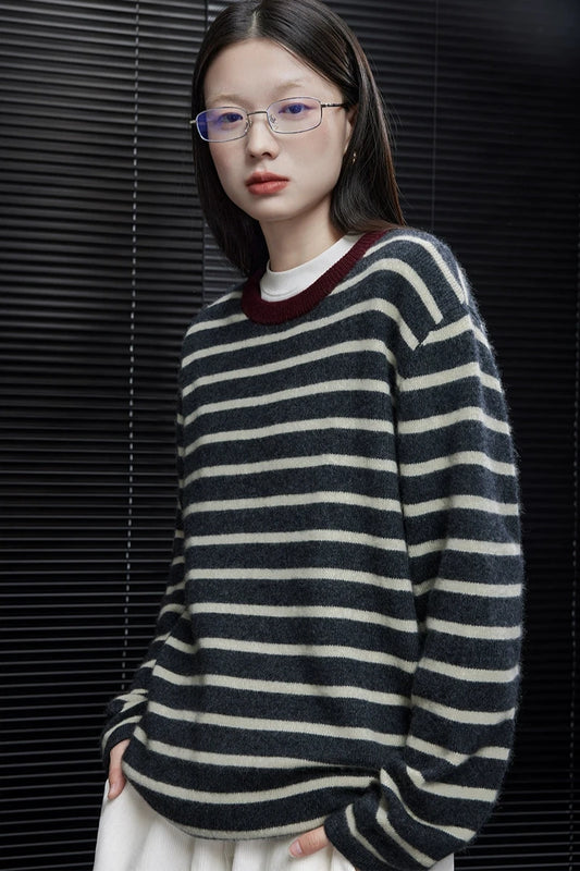 灰杏桃條紋羊毛毛衣 B3438