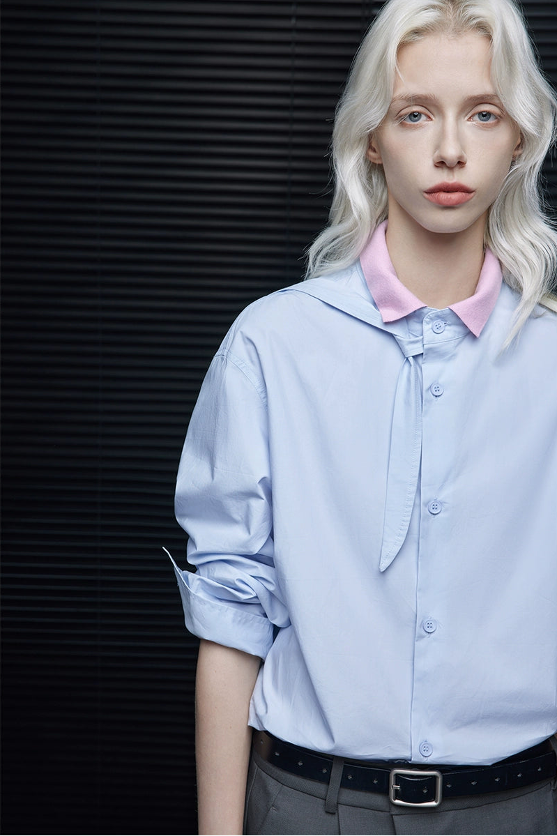 シャローブルーピュアコットンリボンシャツ B4238