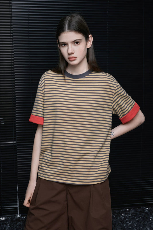 コーヒーストライプロールヘム半袖Tシャツ B4711