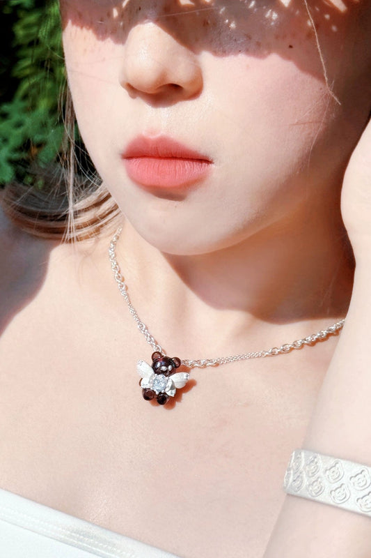 キュートフロック加工S925チェーンベアネックレス B4461