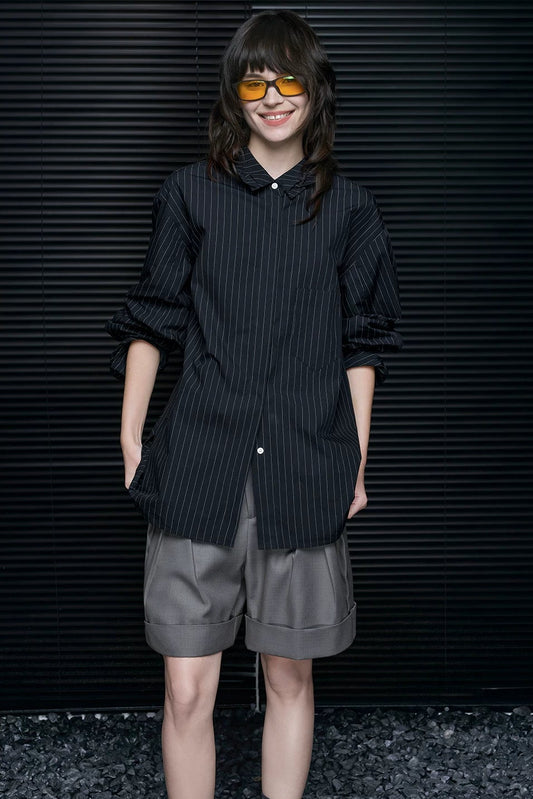 コットンブラックストライプバーサタイルシャツ B4699