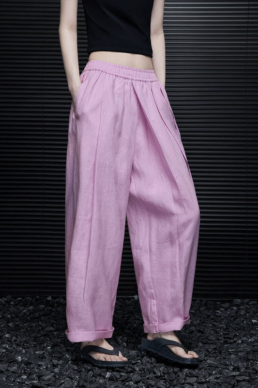 ピンクリネンワイドルーズクロップドパンツ B3990