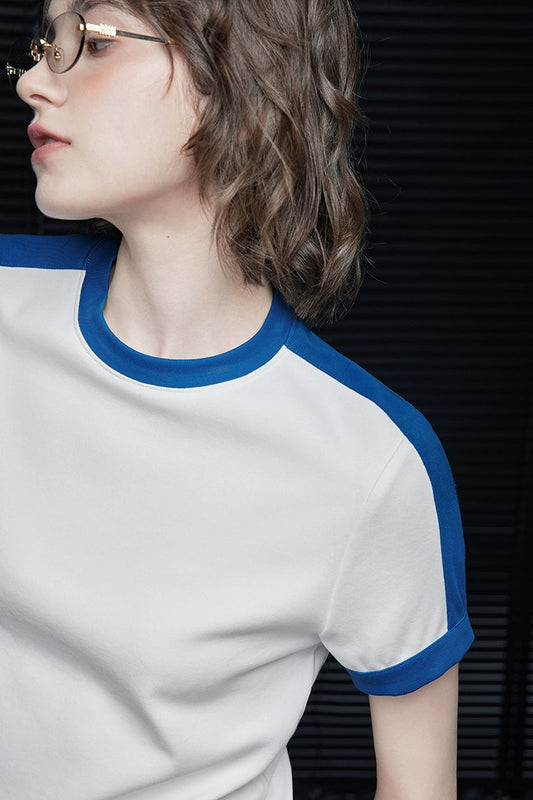 White contrast round neck short sleeve T-shirt B3987