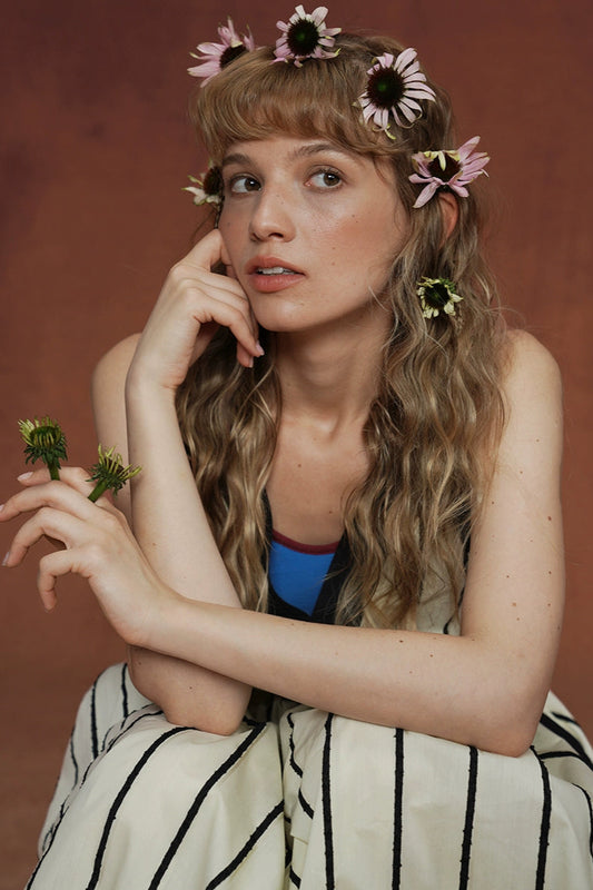 ヴィンテージストライプVネックサスペンダーロングドレス B4165