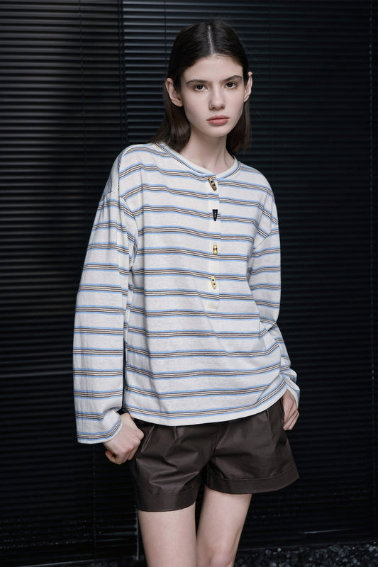 ホーンボタンストライプ長袖Tシャツ B4685
