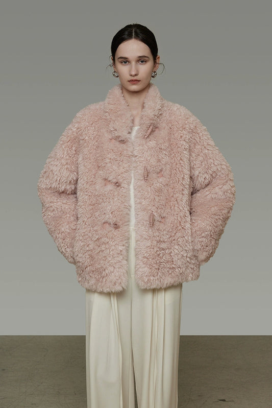 フェイクラムウールルーズスタンドカラーコート B4507