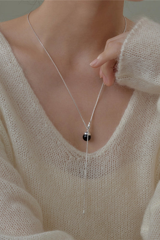 S925シャドウウインクビーズブラックアゲートネックレス B4517