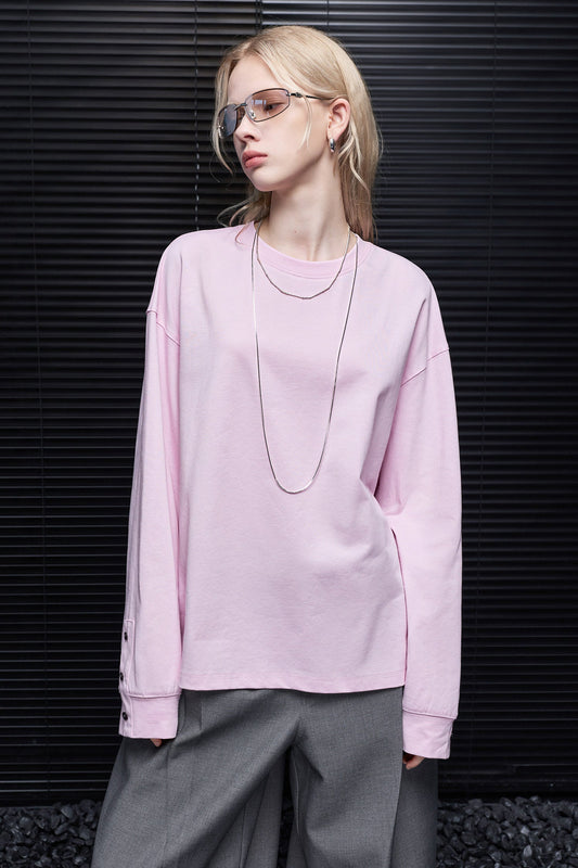 ピンククルーネックドロップショルダー ルーズTシャツ B4931