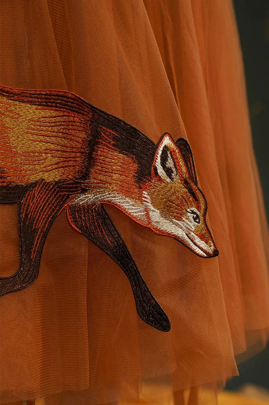 フォックス刺繡レイヤーチュールサスペンダースカート B3374