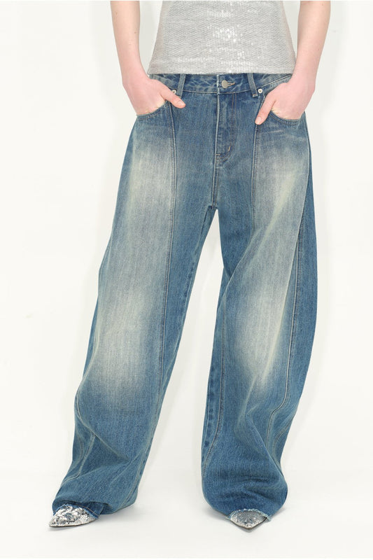 復古水洗閃電香蕉牛仔褲 B3245