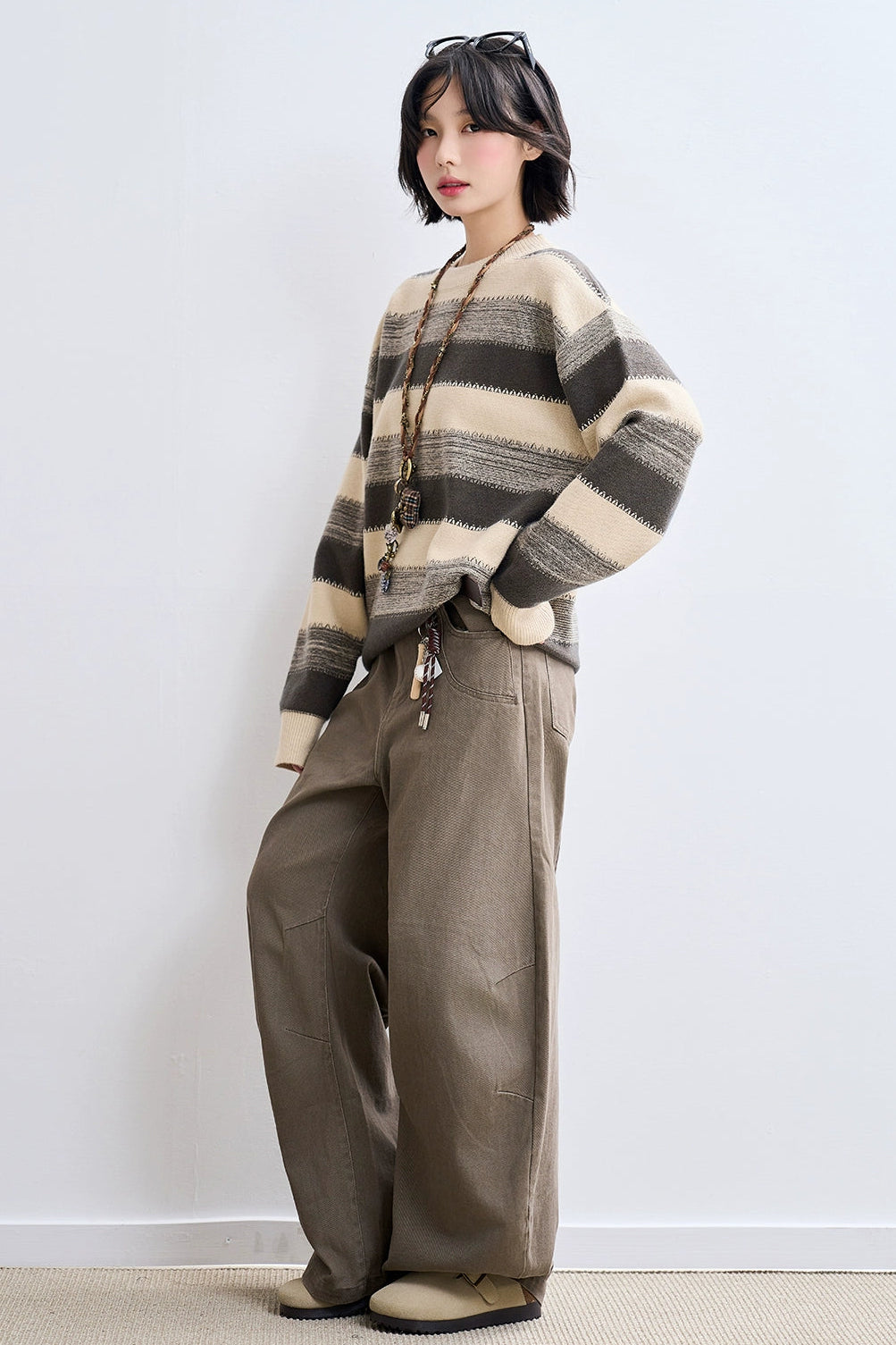 杏色條紋寬鬆毛衣 B4433