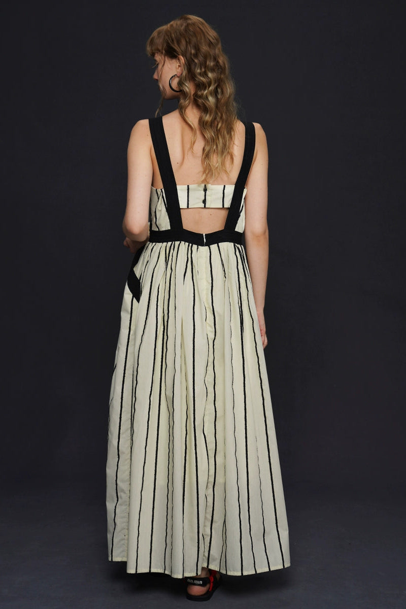 Vintage striped V-neck suspender long dress B4165