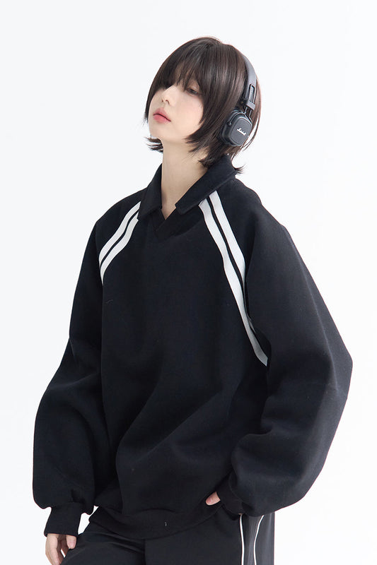 Striped lapel raglan sleeve sweat top B3741