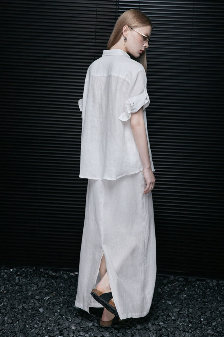 ホワイトリネンストレートロングスカート B4082