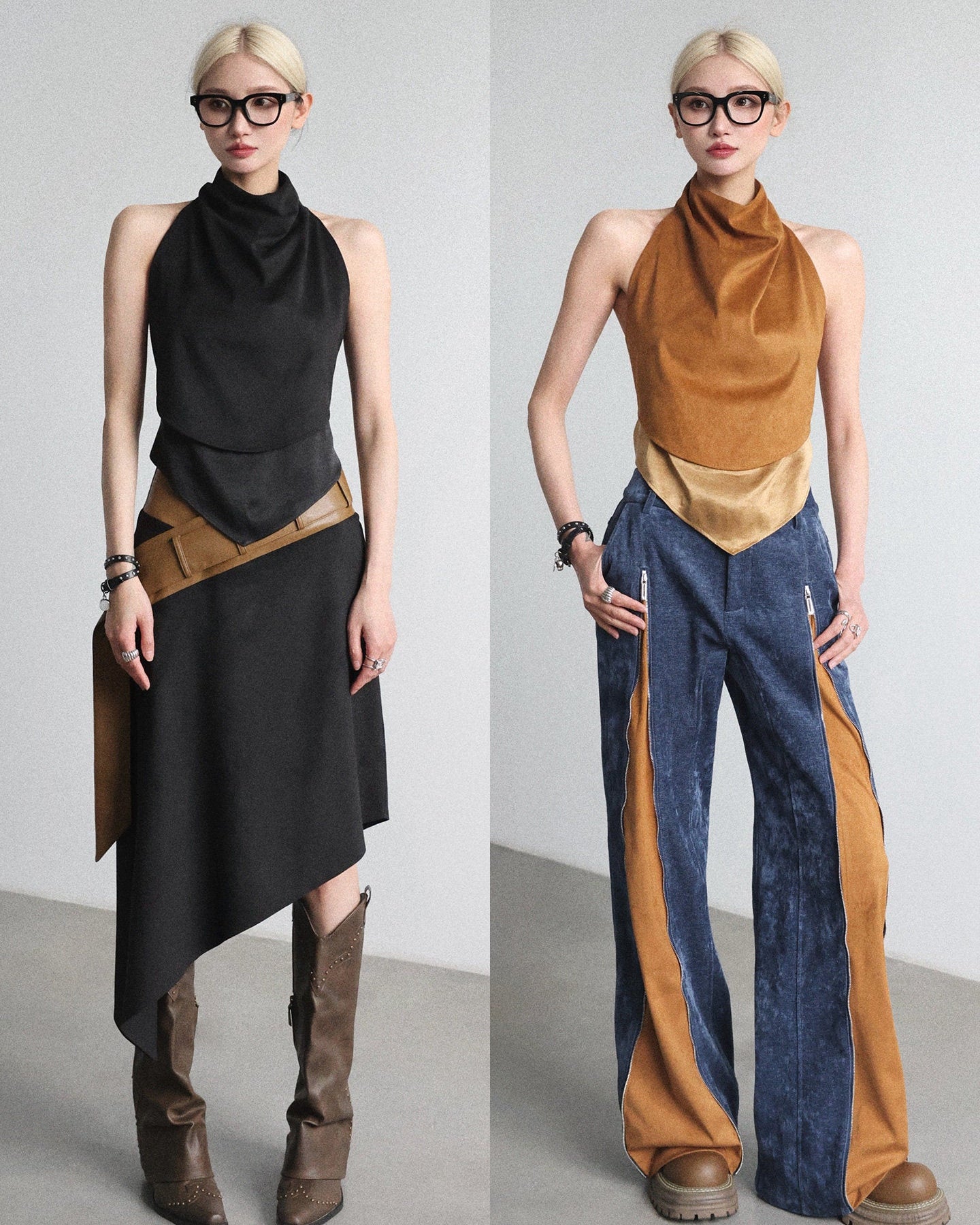 High-neck fake two-piece top B4649