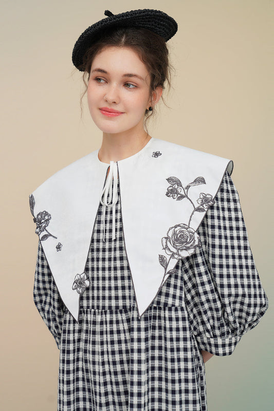 ローズ刺繍フェイクカラーチェック柄ワンピース B3756