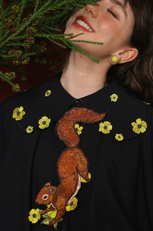 Retro Squirrel & Flower Embroidered Tie B3521