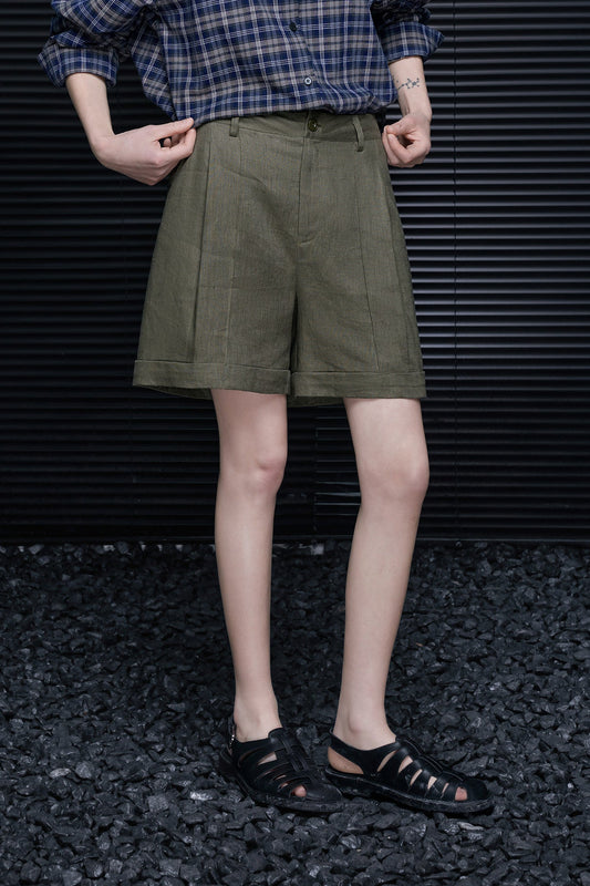 リネンオリーブグリーンショートパンツ B4698