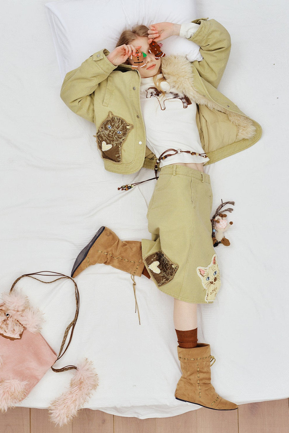 Cat appliqué embroidered washed fur collar down jacket B4587
