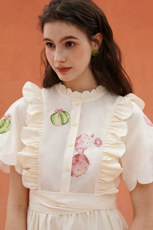 サボテンプリントスカラップフレンチヴィンテージ刺繡ドレス B3932