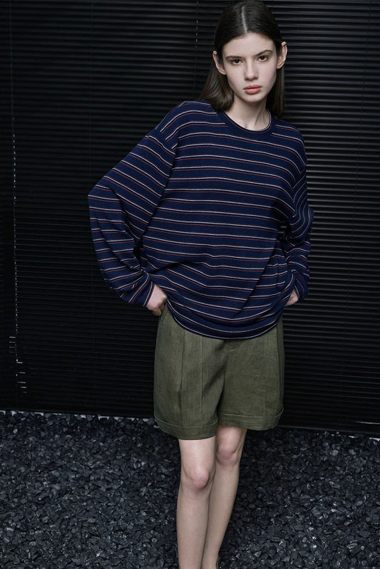 ネイビーブルーストライプルーズ長袖Tシャツ B4735