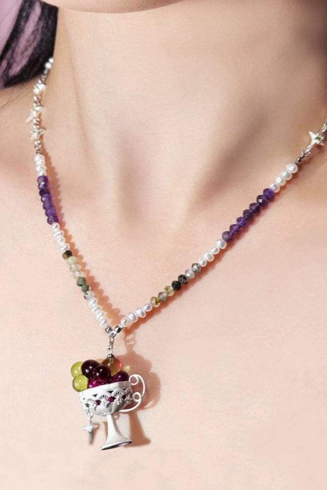 S925 Fresh Grape Natural Stone Pearl Choker Necklace B3937