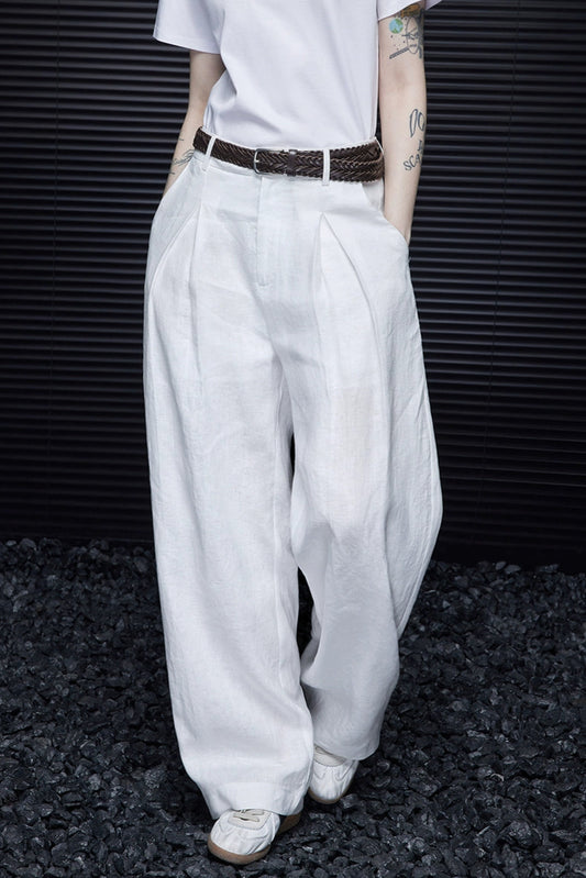 White pure linen wide pants B3903