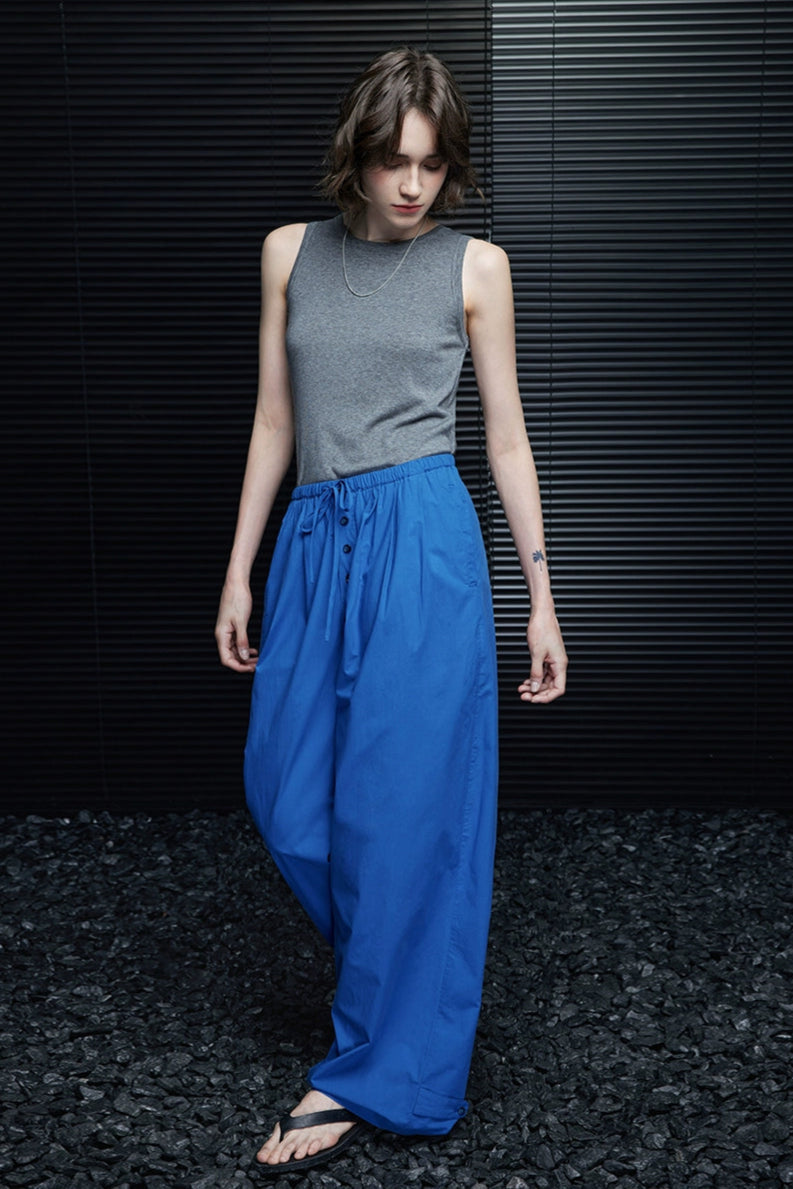 Royal blue washed cotton loose wide pants B4032
