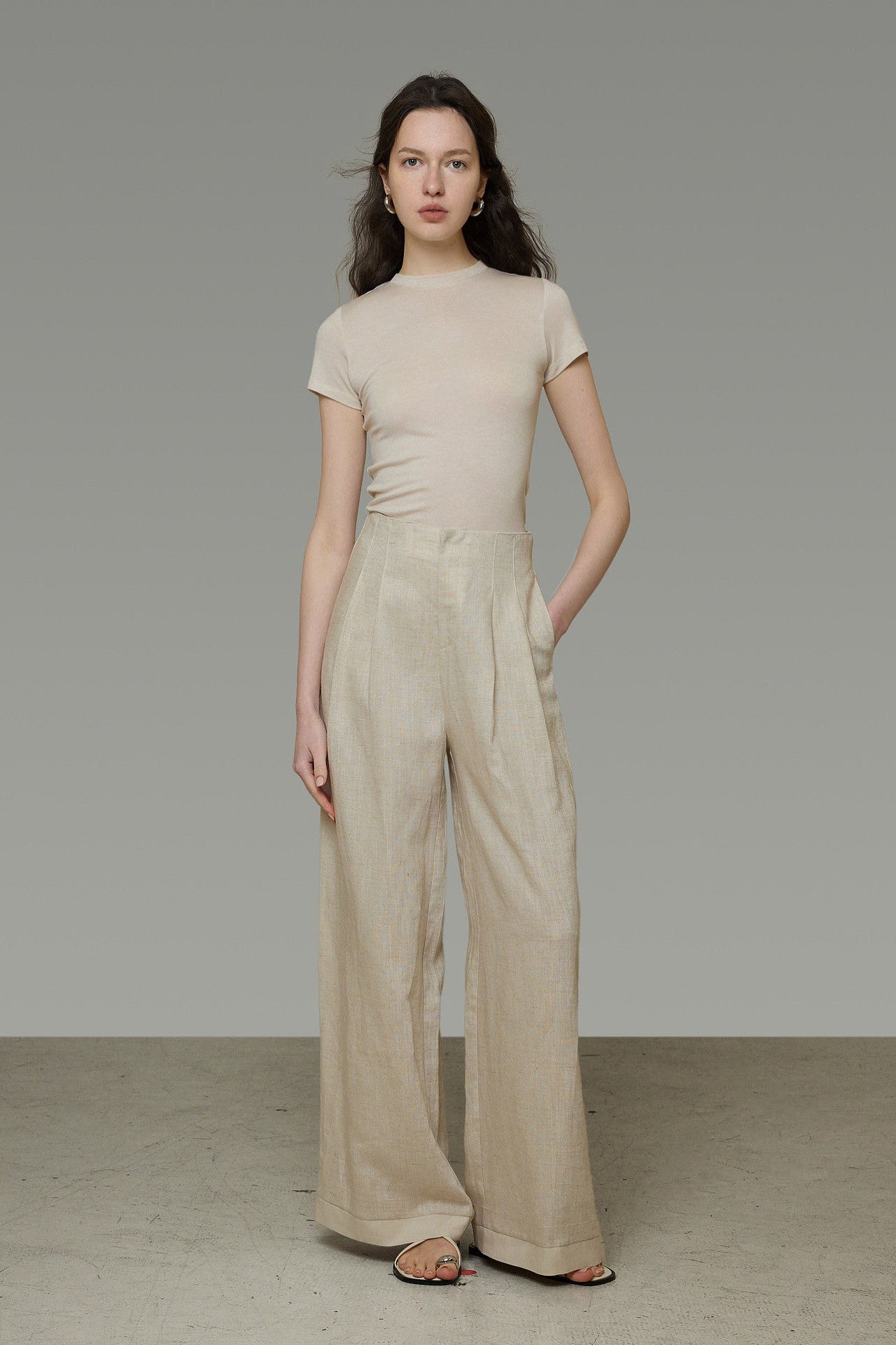Linen Blend Wide Straight Pants B4774