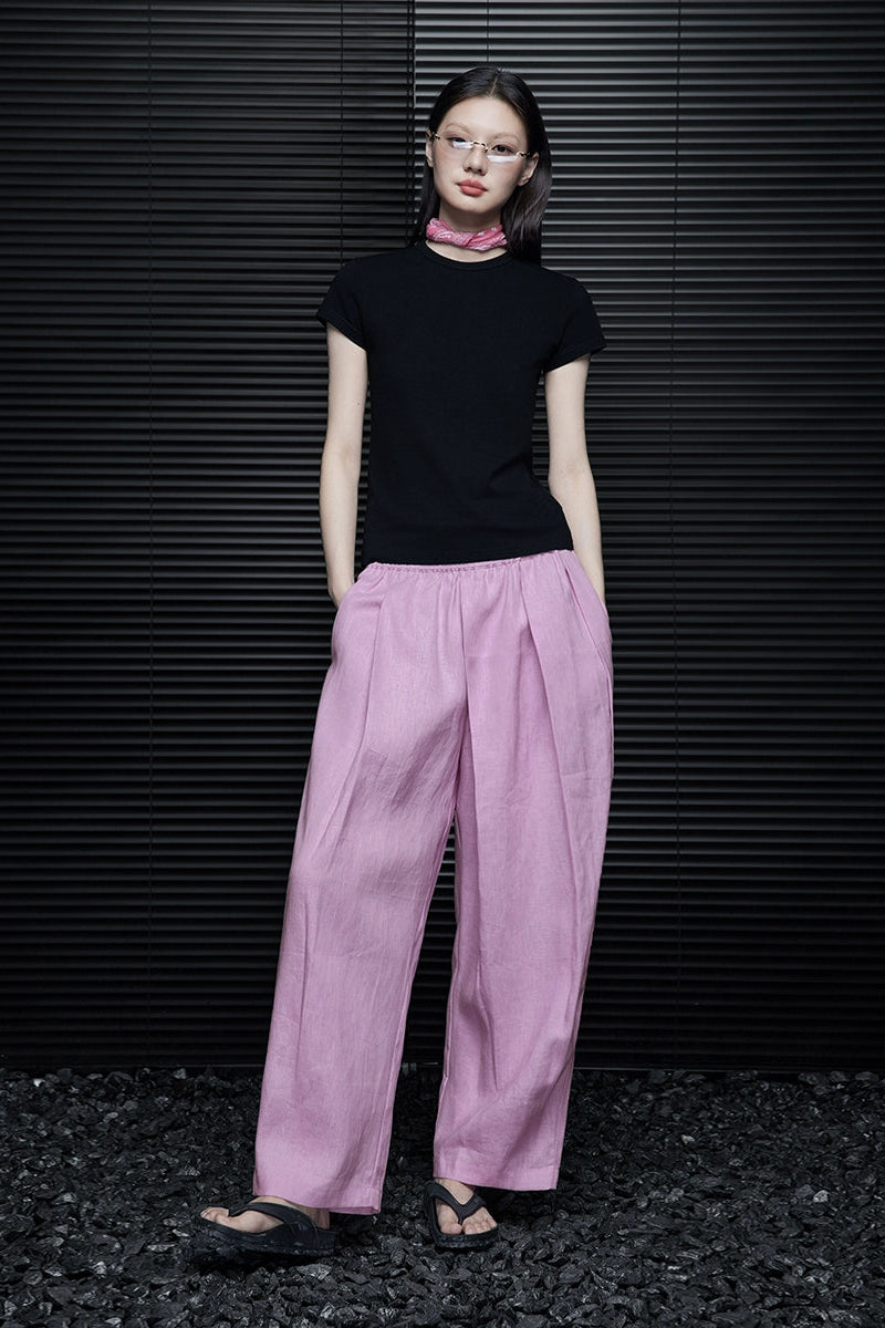 ピンクリネンワイドルーズクロップドパンツ B3990