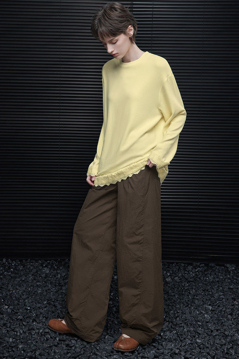 Brown padded wrinkled wide pants B4558