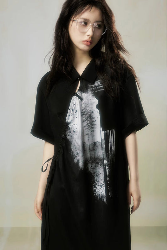 モダンチャイニーズブラックワンピース B3768