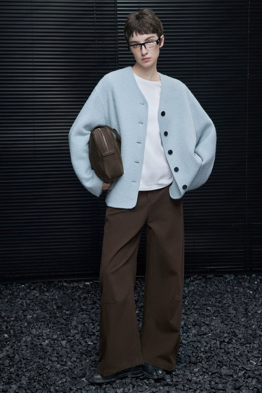 Vネックルーズウール混コート B4549