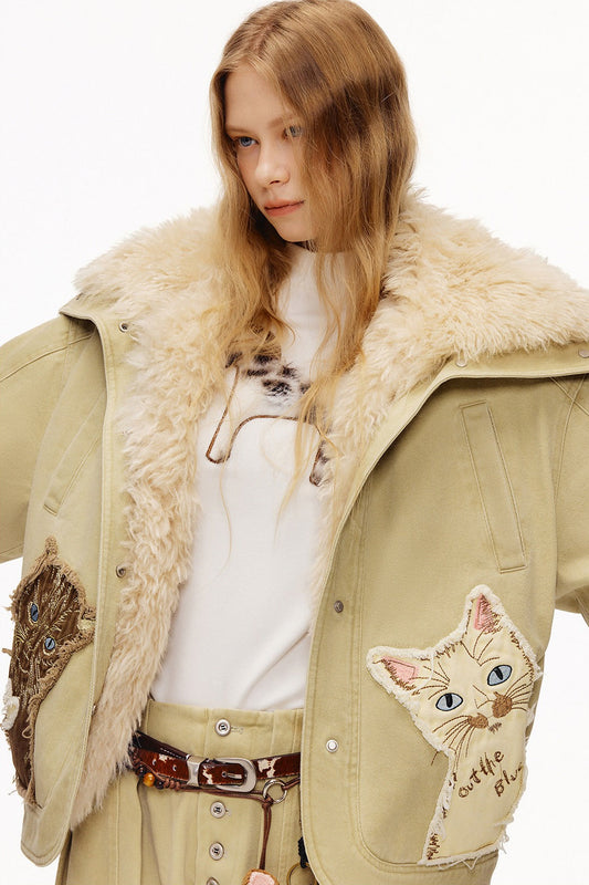 Cat appliqué embroidered washed fur collar down jacket B4587