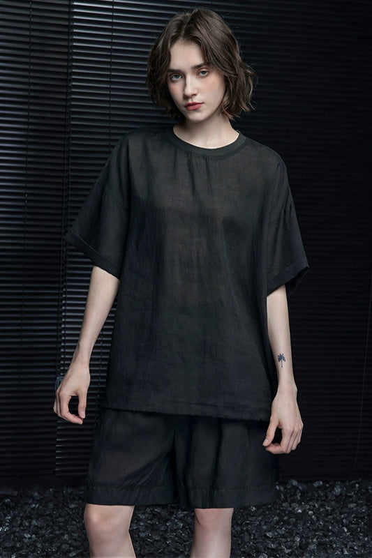 グレーグリーンリネン混ハンサムパンツ半袖Tシャツ B3995