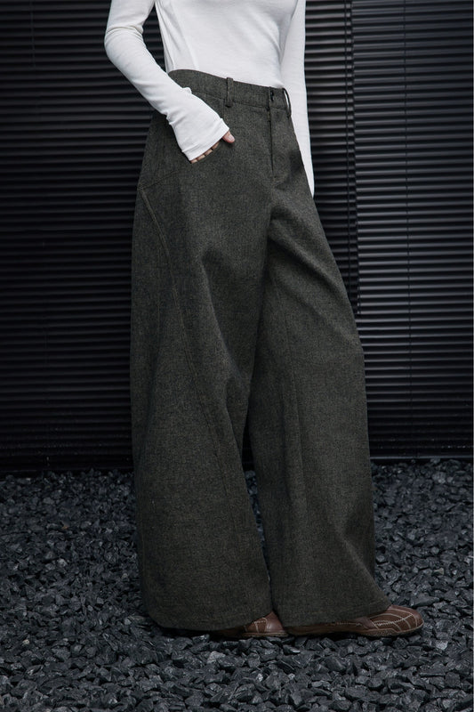 レトログリーンウール混ワイドパンツ B4538