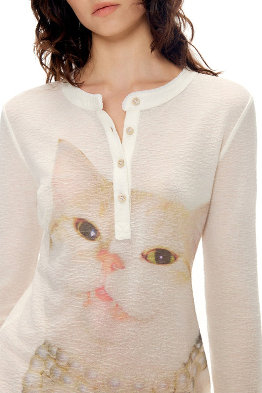 キャットプリントテンセルウールヘンリーネックTシャツ B4595