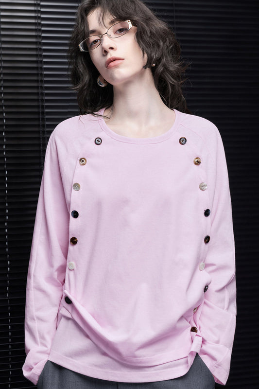 ピンクショルダーボタンデザイン長袖Tシャツ B4979