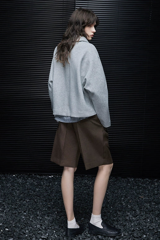 グレー起毛ルーズショートスウェットトップス B4418