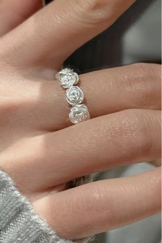 S925エンボス立体ローズレトロオープンリング B4091