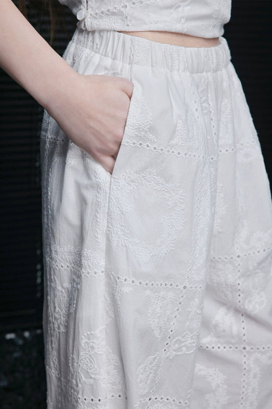 White cotton lace straight loose pants B4078