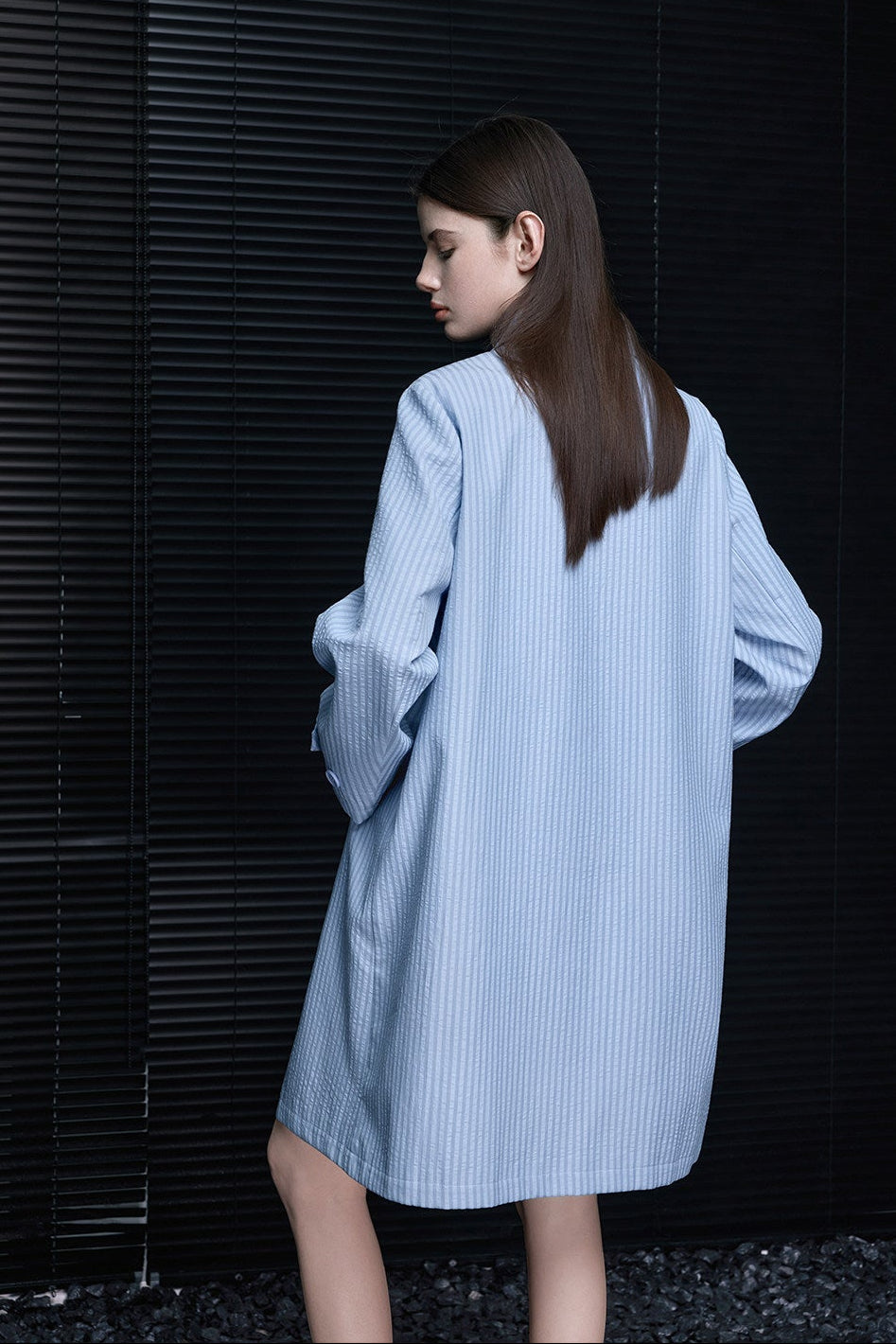 Sax Blue Puff Stripe Mid-Length Coat B4713