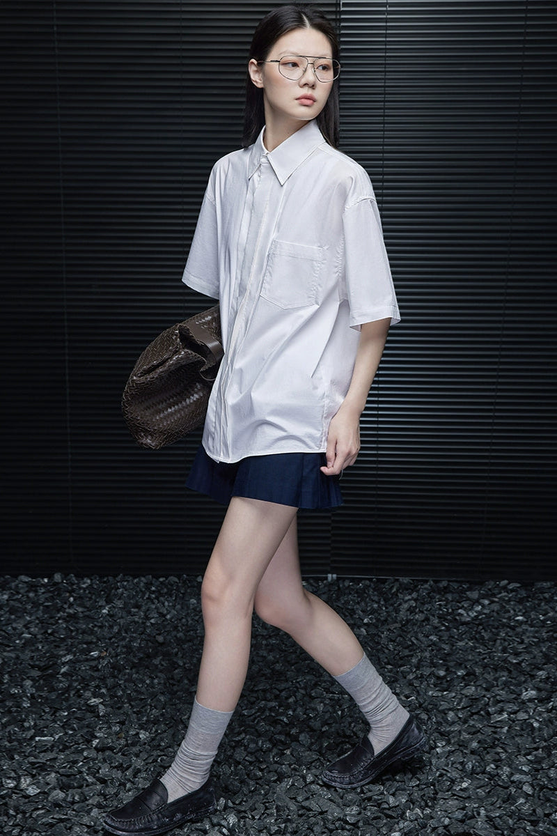 ホワイトコットンクール半袖ラペルシャツ B4031