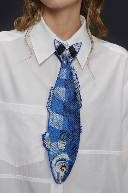 カプリブルーフィッシュヴィンテージ刺繡ネクタイ B4161