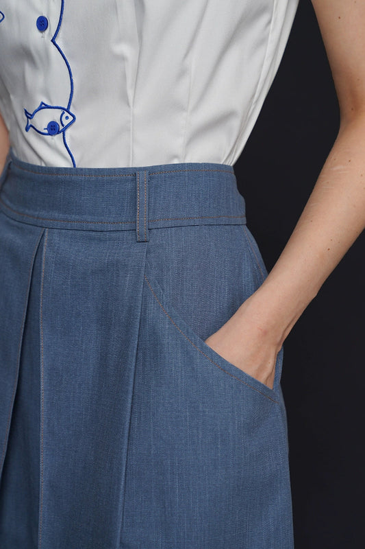 Retro denim blue A-line skirt B4156