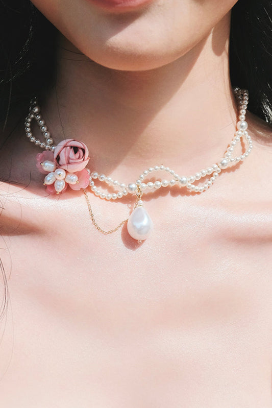 ピンクフラワーウェーブレースパールチョーカーネックレス B3767