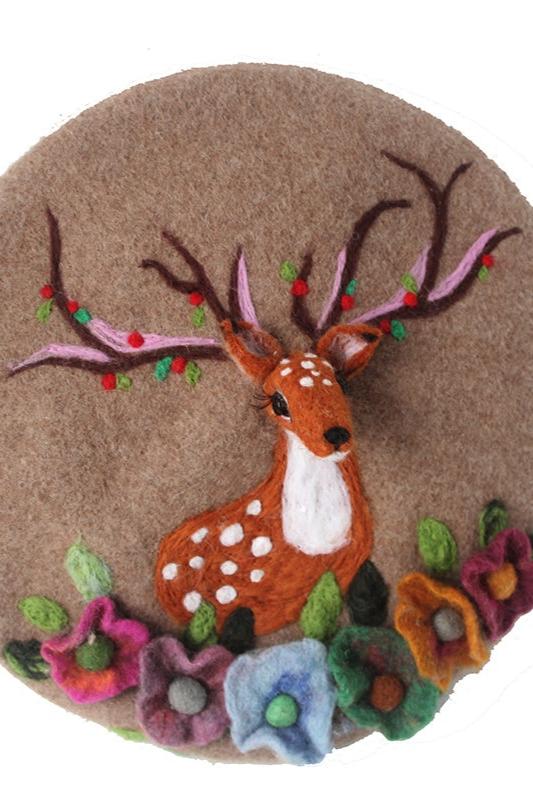手作りウールフェルト鹿の妖精ベレー帽 B3386